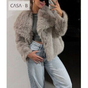 NEW 💫CASA B|Heiress Grey Faux Fur Chic Long Sleeve Outerwear Lapel C Jacket